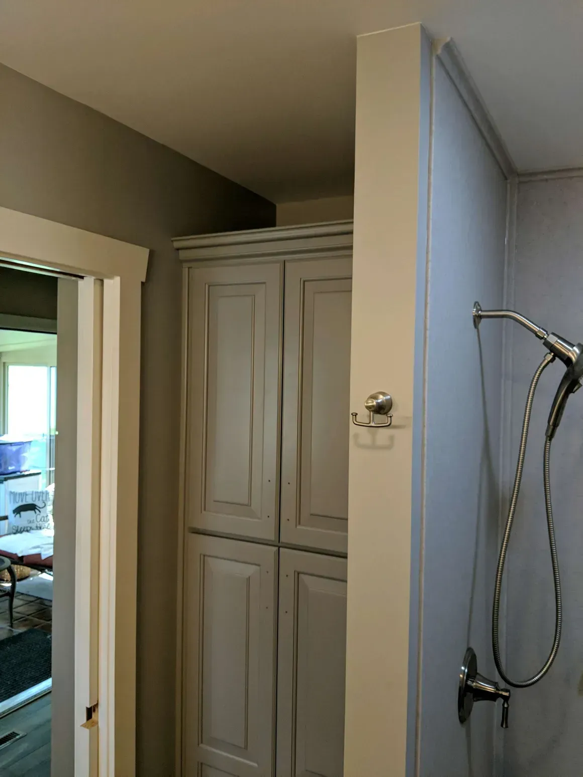 A gray storage cabinet sits in a corner next to a bathroom shower area with a chrome shower head and handle.