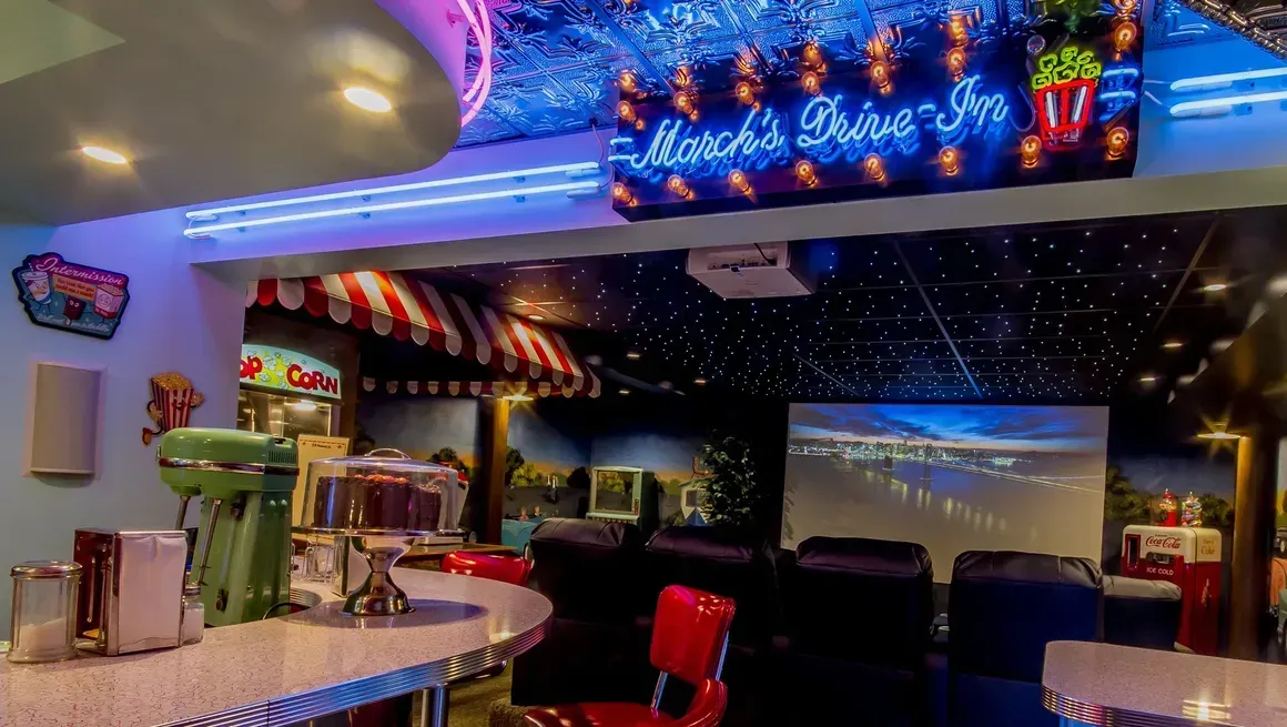 A retro-themed home theater featuring a 