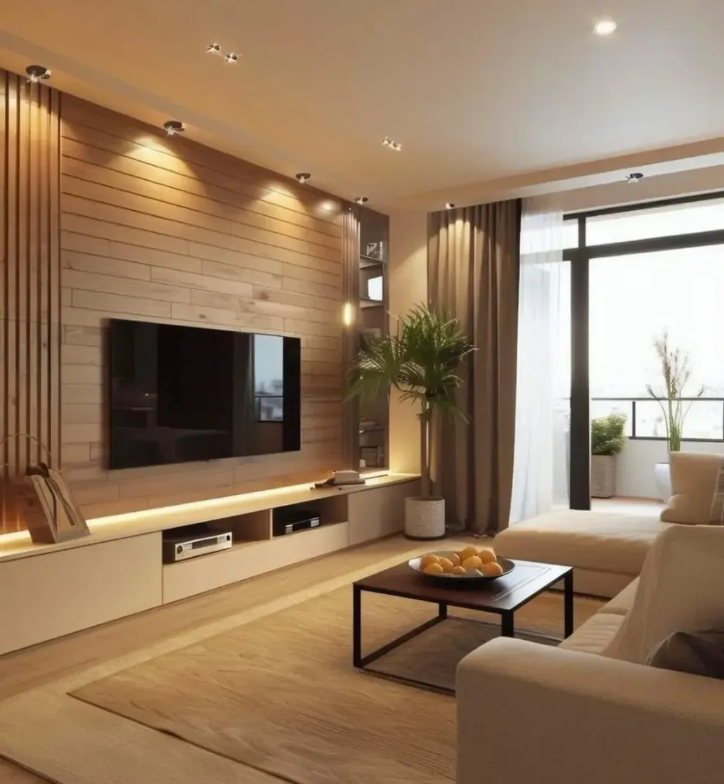 Modern living room with wall-mounted TV, beige sofa, coffee table, and large window with curtains.