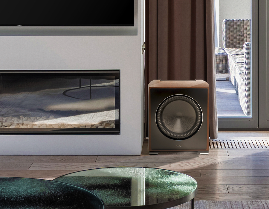 A living room with a fireplace and a subwoofer.