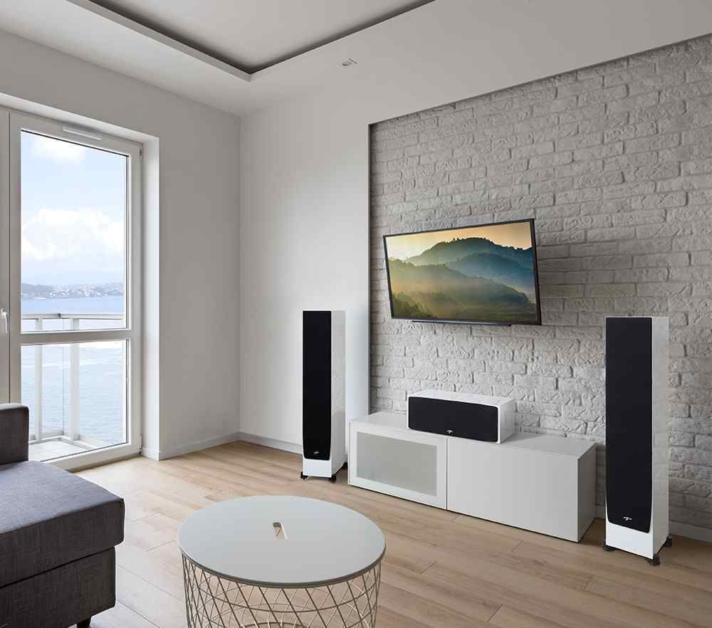 A living room with a flat screen tv and speakers