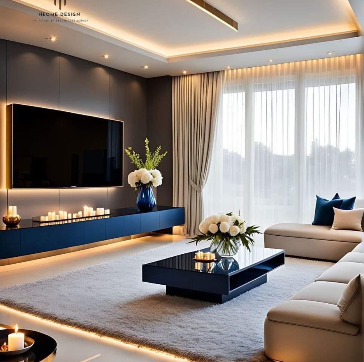 A living room with a couch , coffee table , and television.