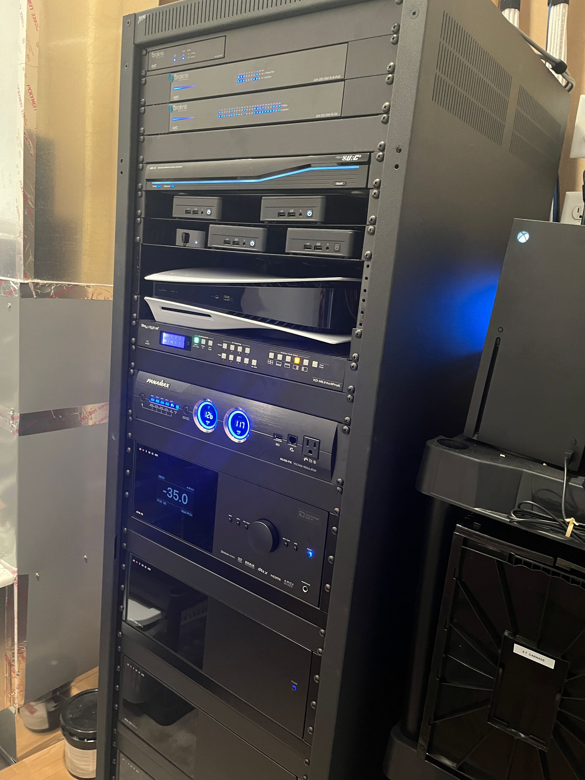 A rack with a lot of electronic equipment on it