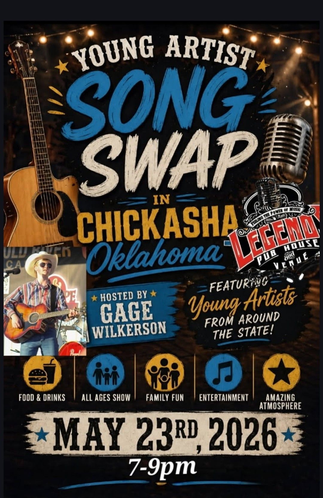 Young Artist Song Swap in Chickasha, Oklahoma poster with guitar, mic, and May 23, 2026 date