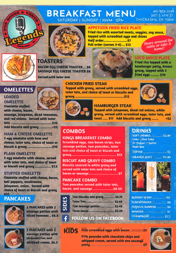 A menu for a restaurant called legends breakfast menu.
