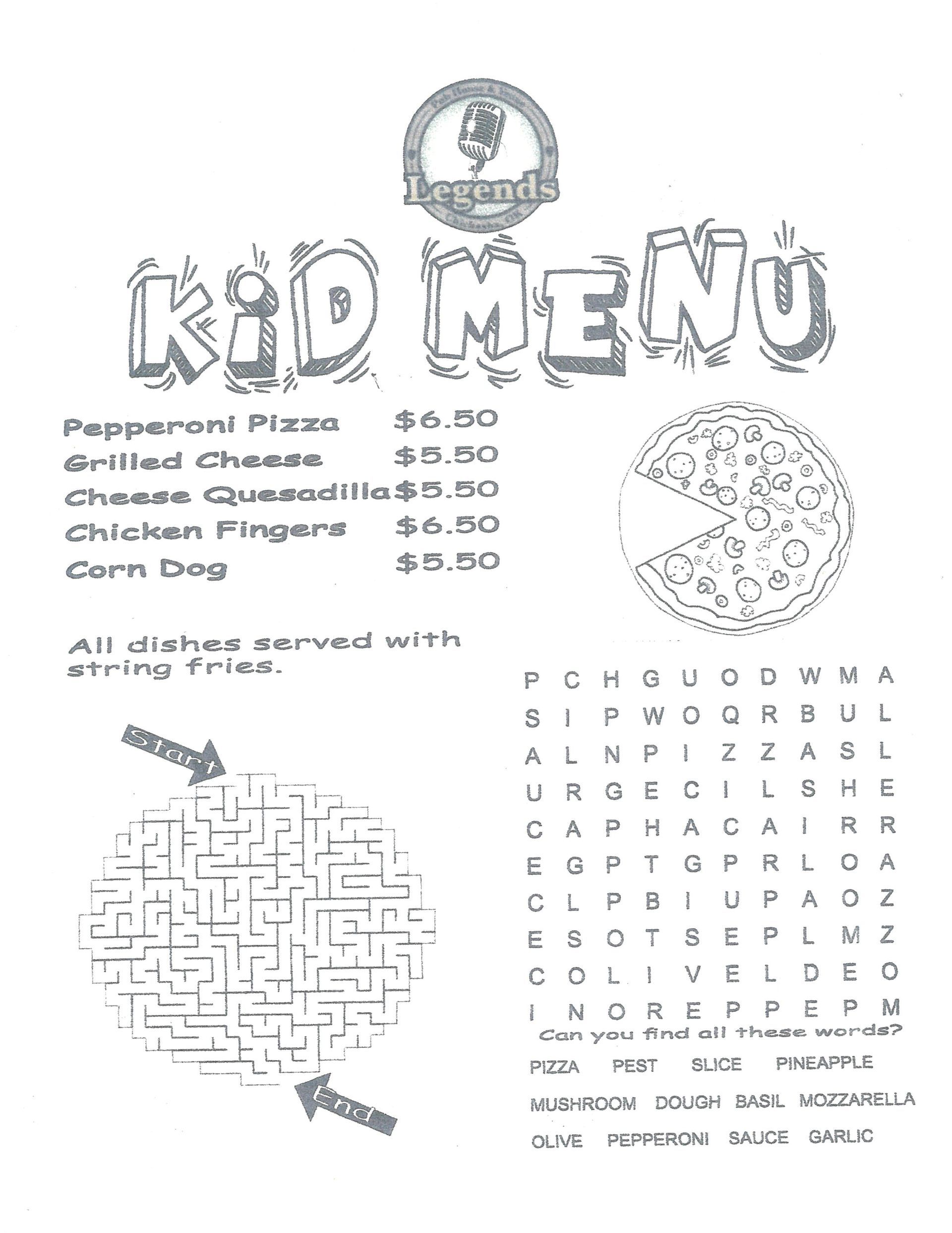 A kid 's menu with a puzzle and a pizza on it.