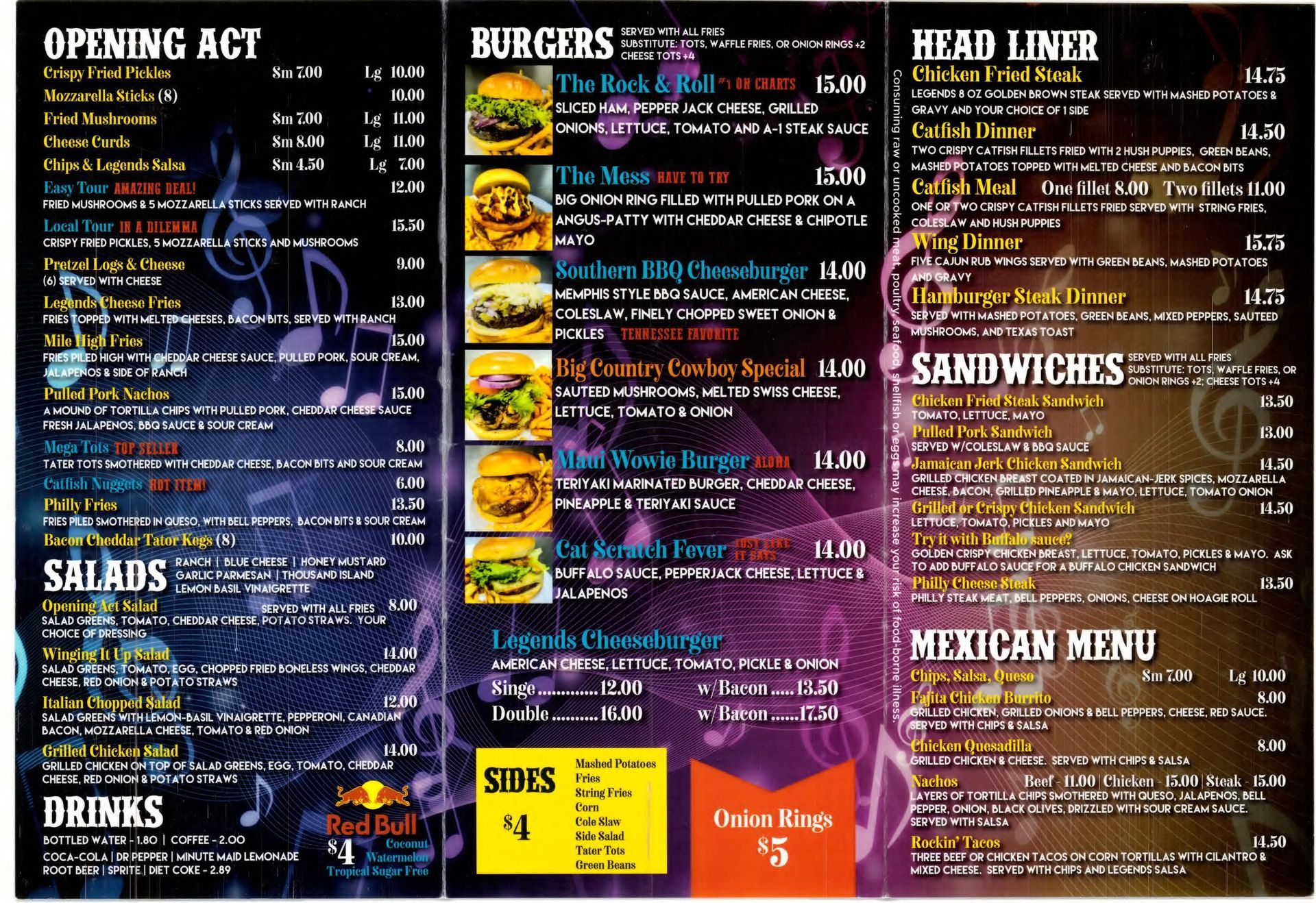 A menu for a restaurant includes burgers salads and sandwiches
