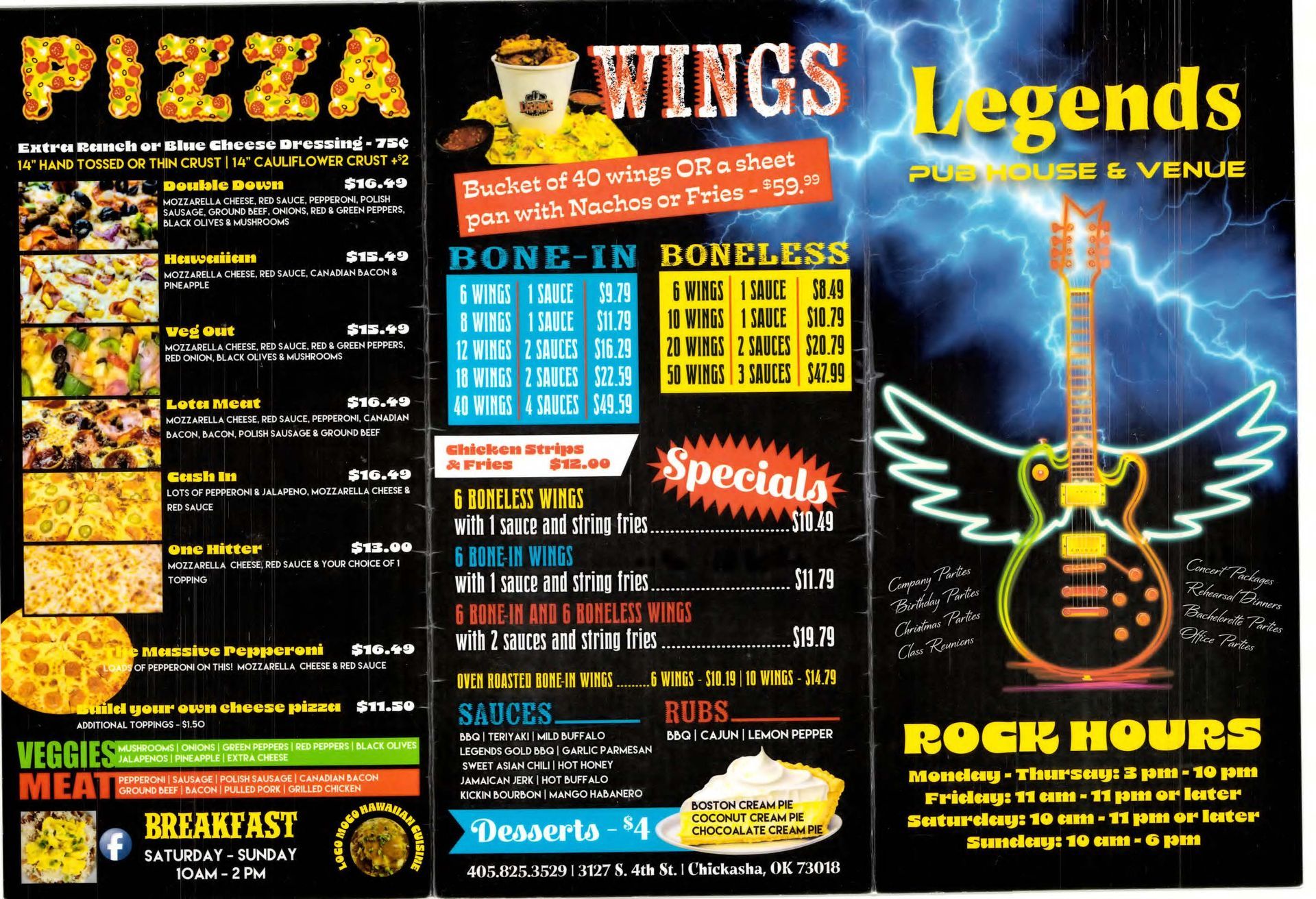 A menu for pizza wings legends has a guitar with wings on it