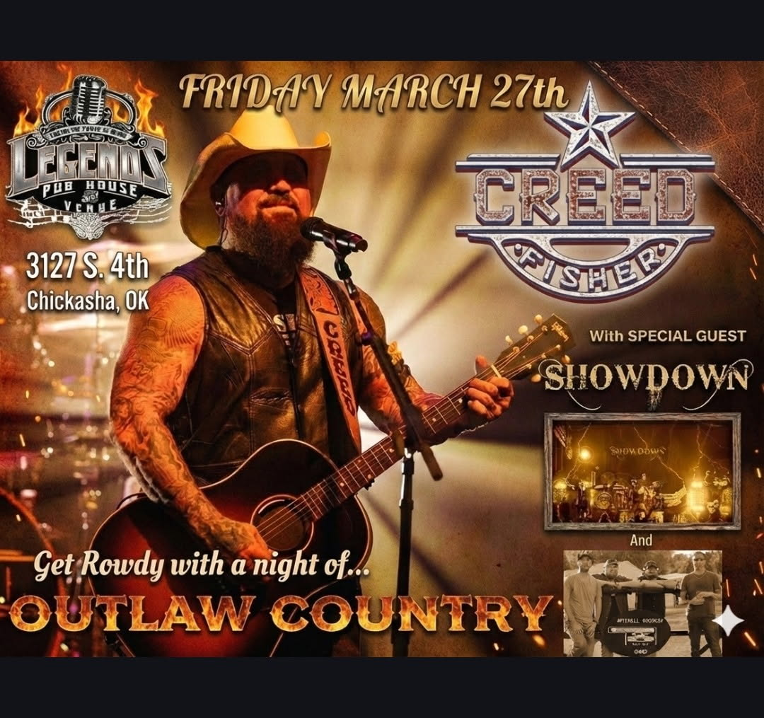 Creed Fisher concert poster in Chickasha, OK. Features singer playing guitar, with 