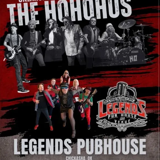 Poster for Legends Pubhouse in Chickasha, OK, featuring a band called The HoHoHos. Red and black design.