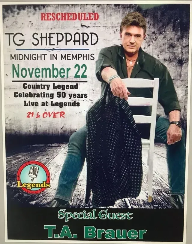 Poster advertising a rescheduled TG Sheppard concert in Memphis, November 22, with special guest T.A. Brauer at Legends.