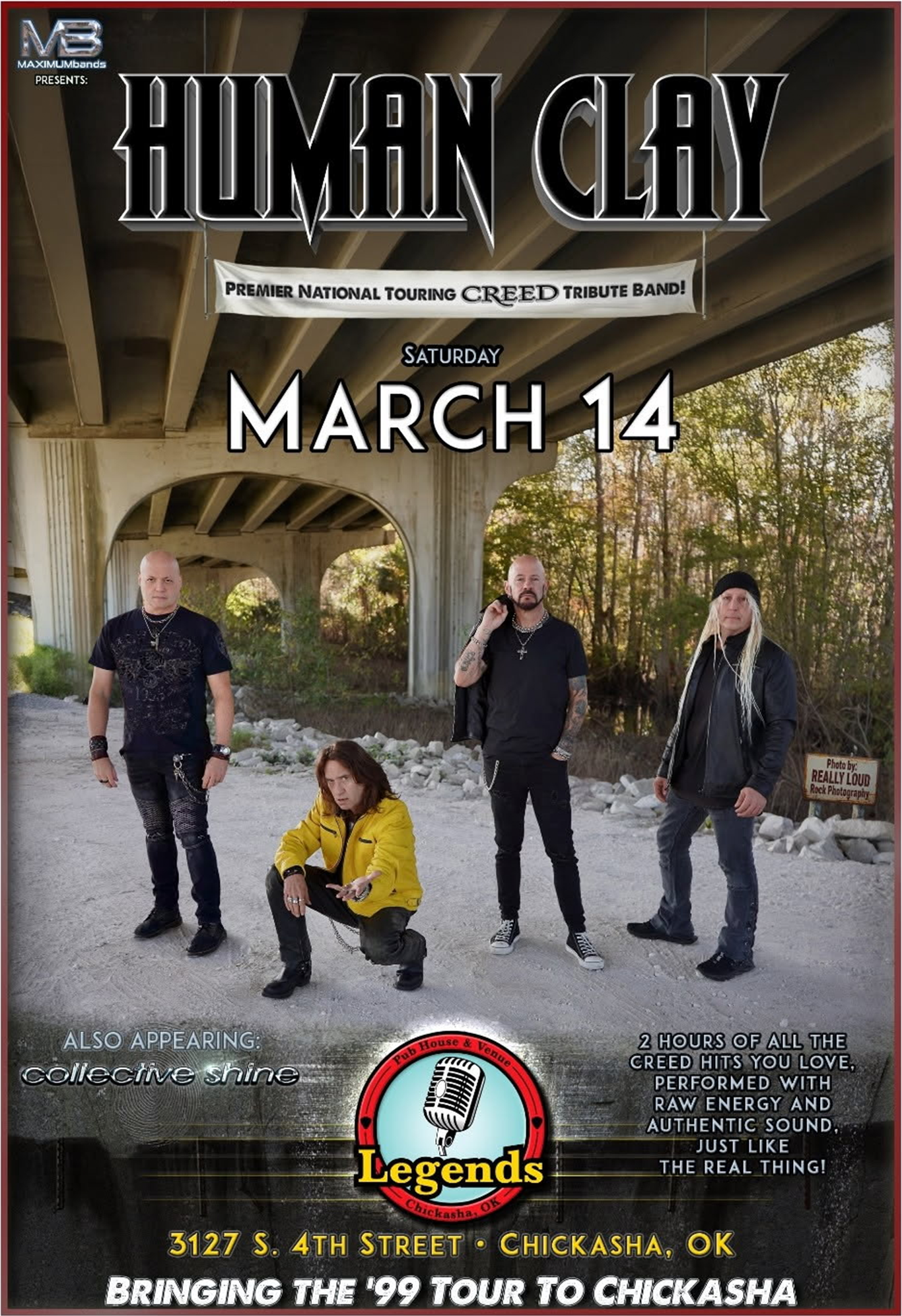 Band Human Clay concert poster. Four members pose under a bridge. Concert date: March 14, Chickasha, OK.