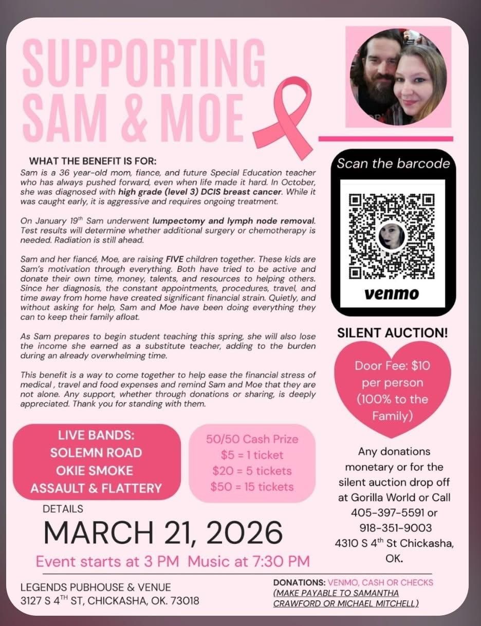 Poster supporting Sam & Moe with pink ribbon, photos, Venmo code, silent auction, live bands, and event details.