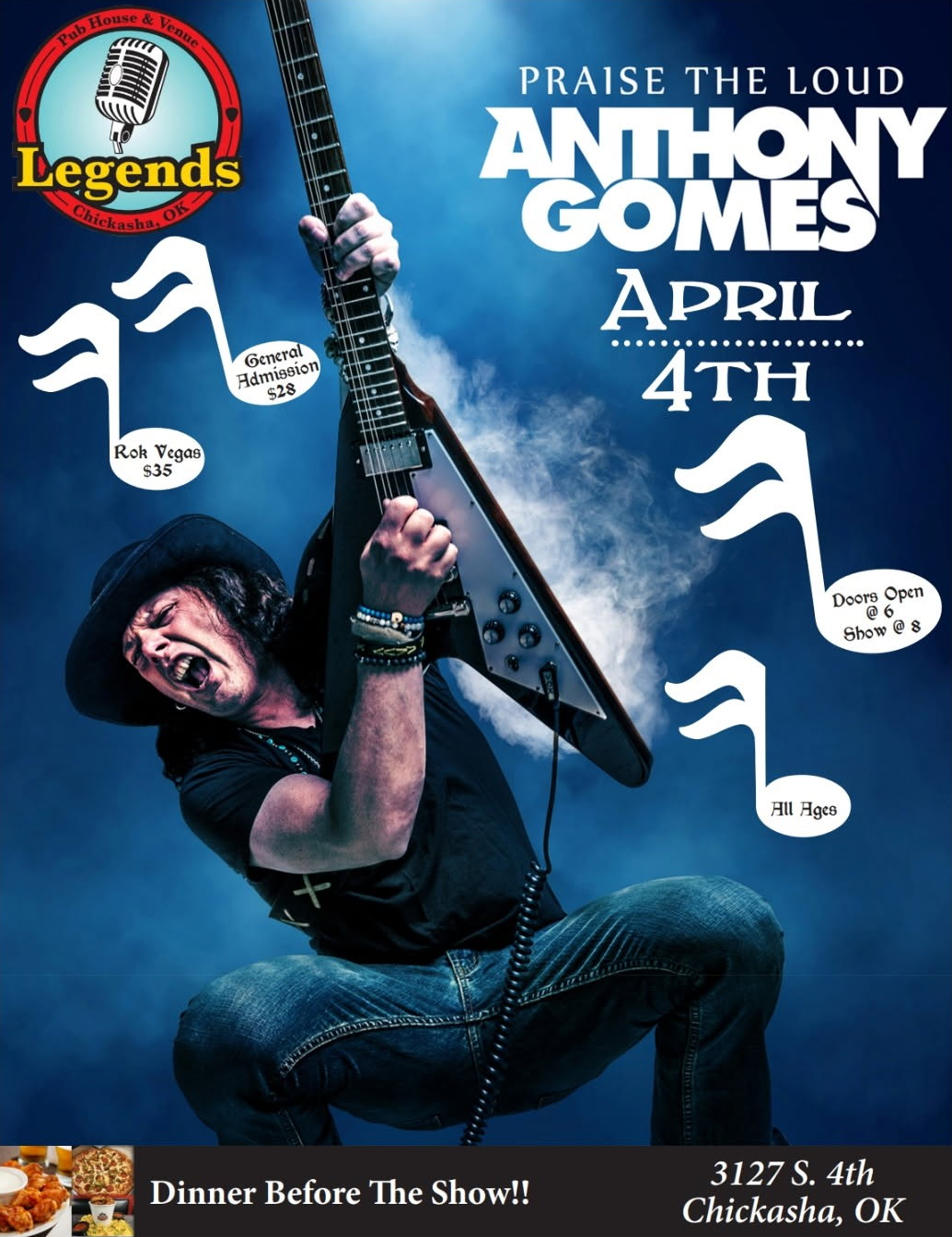 Concert poster: Anthony Gomes performs at Legends in Chickasha, OK, on April 4th. He's playing guitar.