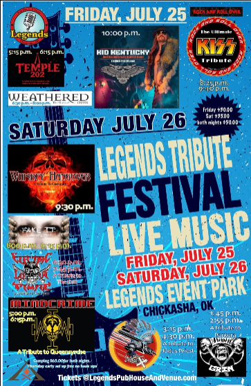 Poster for Legends Tribute Festival in Chickasha, OK. Includes bands Temple, Weathered and more.