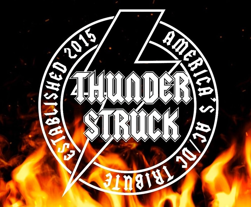 The logo for thunder struck is surrounded by flames