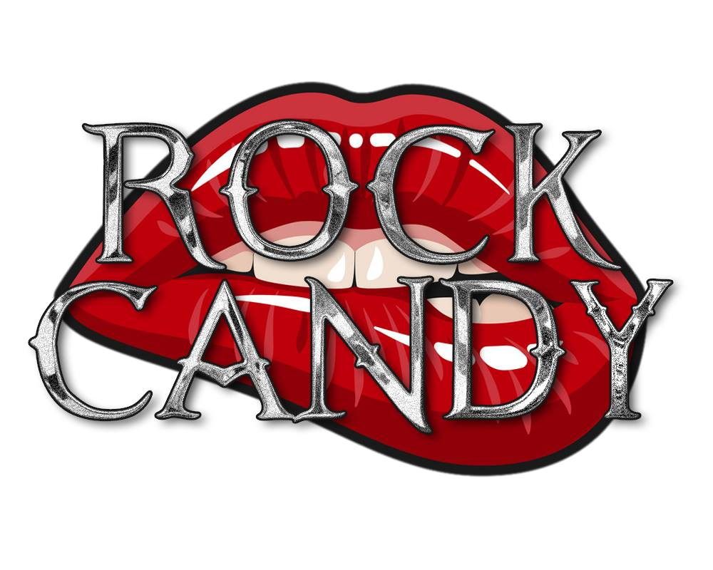A logo for rock candy with red lips and silver letters