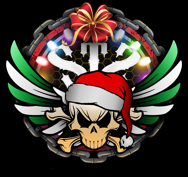 A skull is wearing a santa hat and has wings