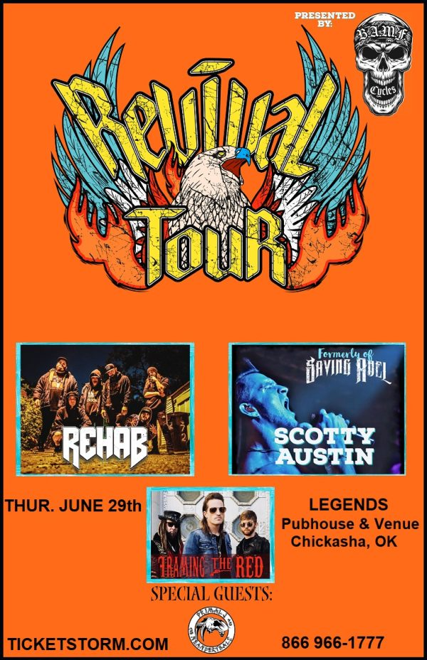A poster for a revival tour featuring rehab and scotty austin