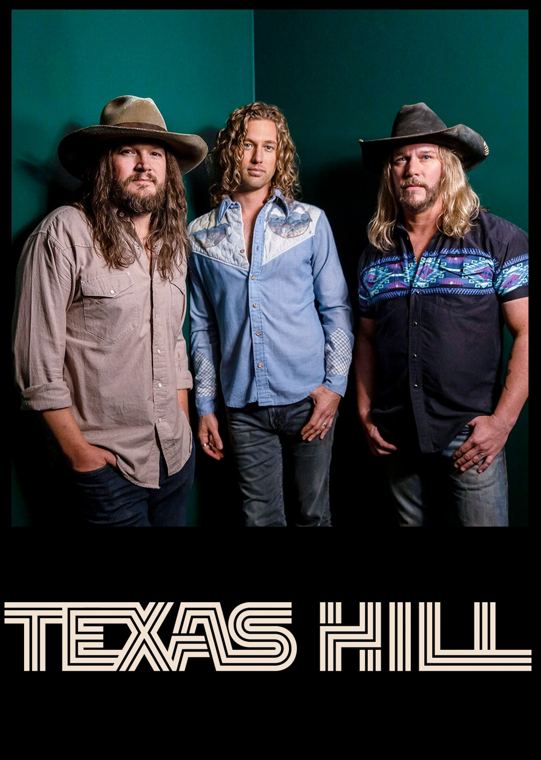 Three men in cowboy hats are standing next to each other in front of a green wall.