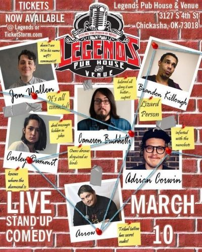 A poster for a live stand up comedy show at legends pub house & venue