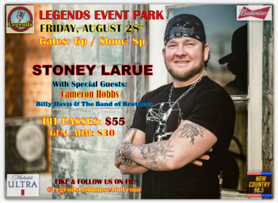 A poster for stoney larue at legends event park