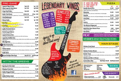 A menu for legendary wings with a guitar on it