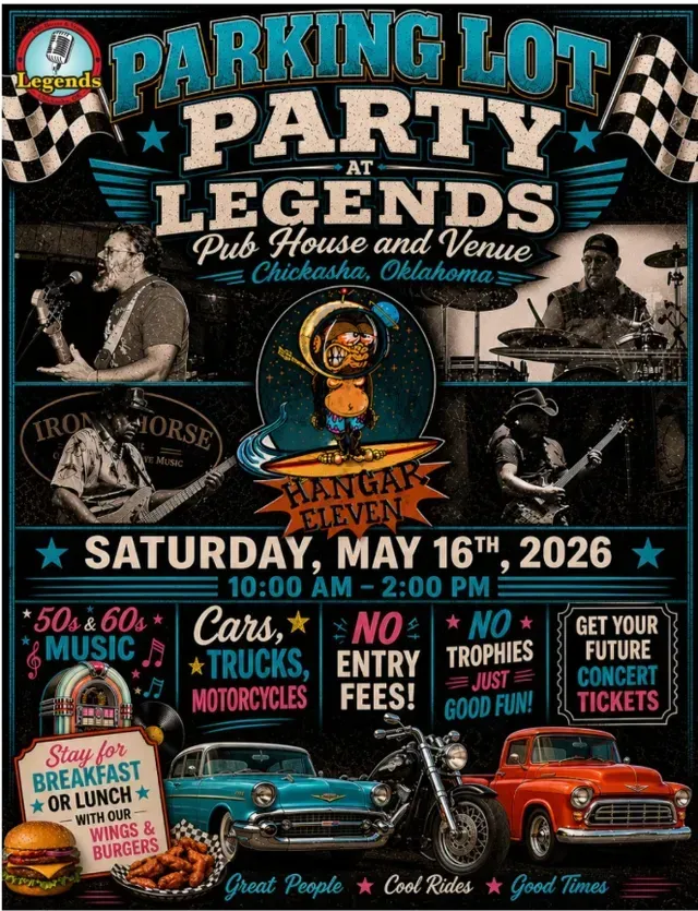 Parking Lot Party Legends pub house venue poster with cars, music, food, and bikes, Saturday May 16, 2026