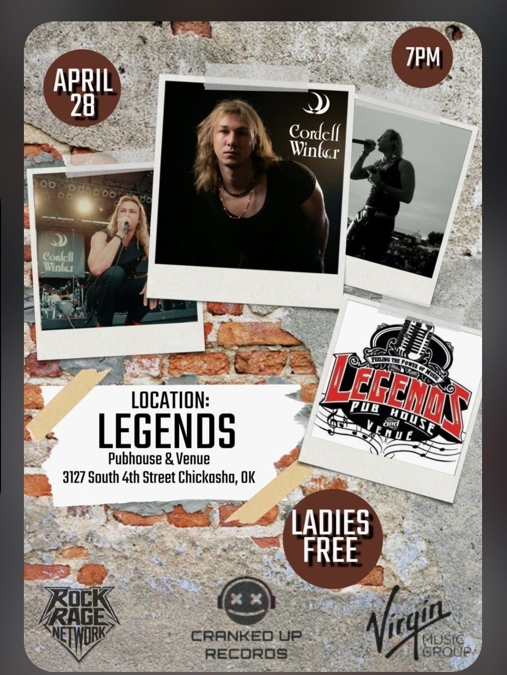 Concert flyer collage for April 28 at Legends, featuring live music photos, 7 PM, and Ladies Free text