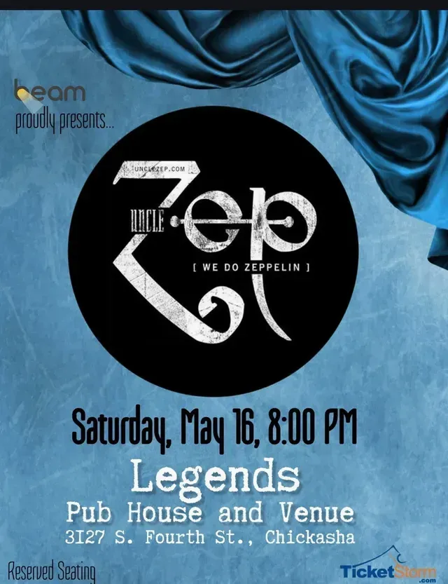 Led Zeppelin concert poster with blue drapery, Saturday May 16 at Legends Pub House and Venue, Chicago