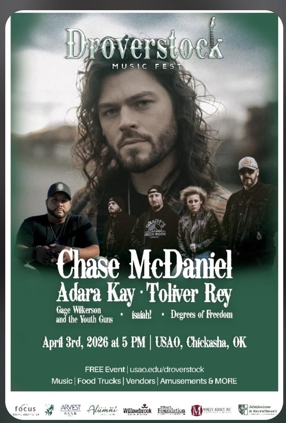Droverstock music festival poster on April 3rd, 2024 at 5 PM at USAO in Chickasha, OK featuring Chase McDaniel and others