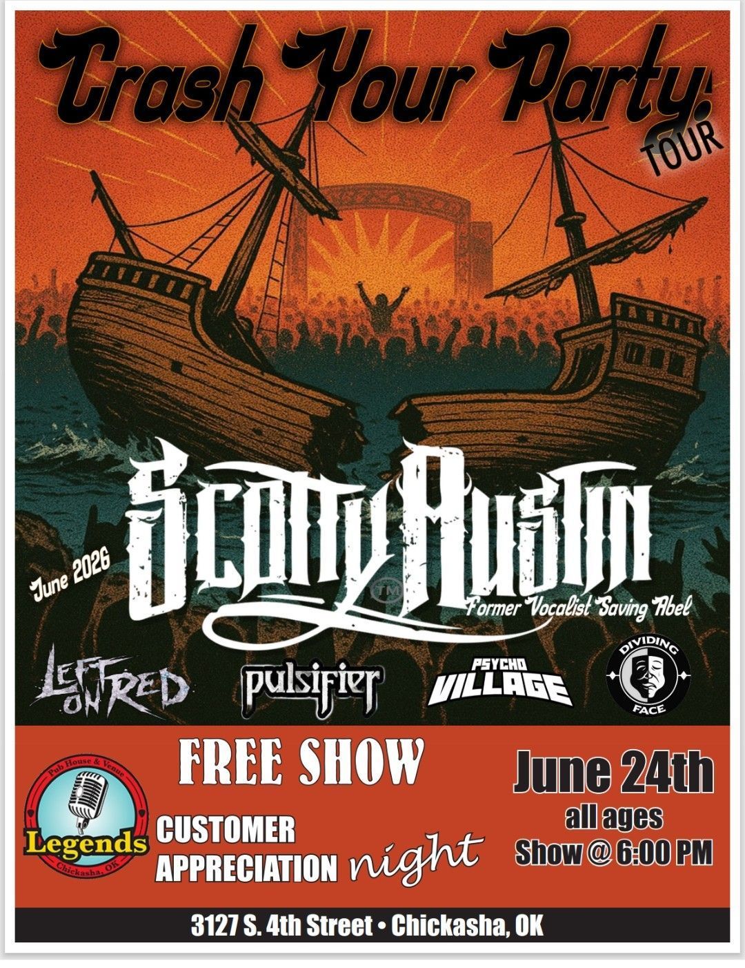 Orange concert poster for Crash Your Party Tour featuring Story of the Year, with ships, fire, and free show details