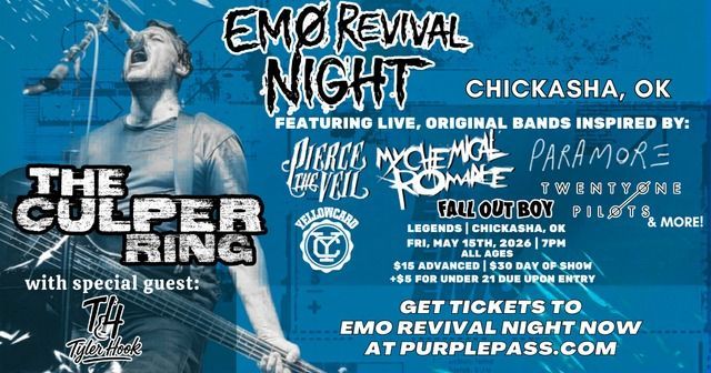 Blue concert poster for The Culper Ring’s Emo Revival Night at Chikasha, OK, with band names and ticket info
