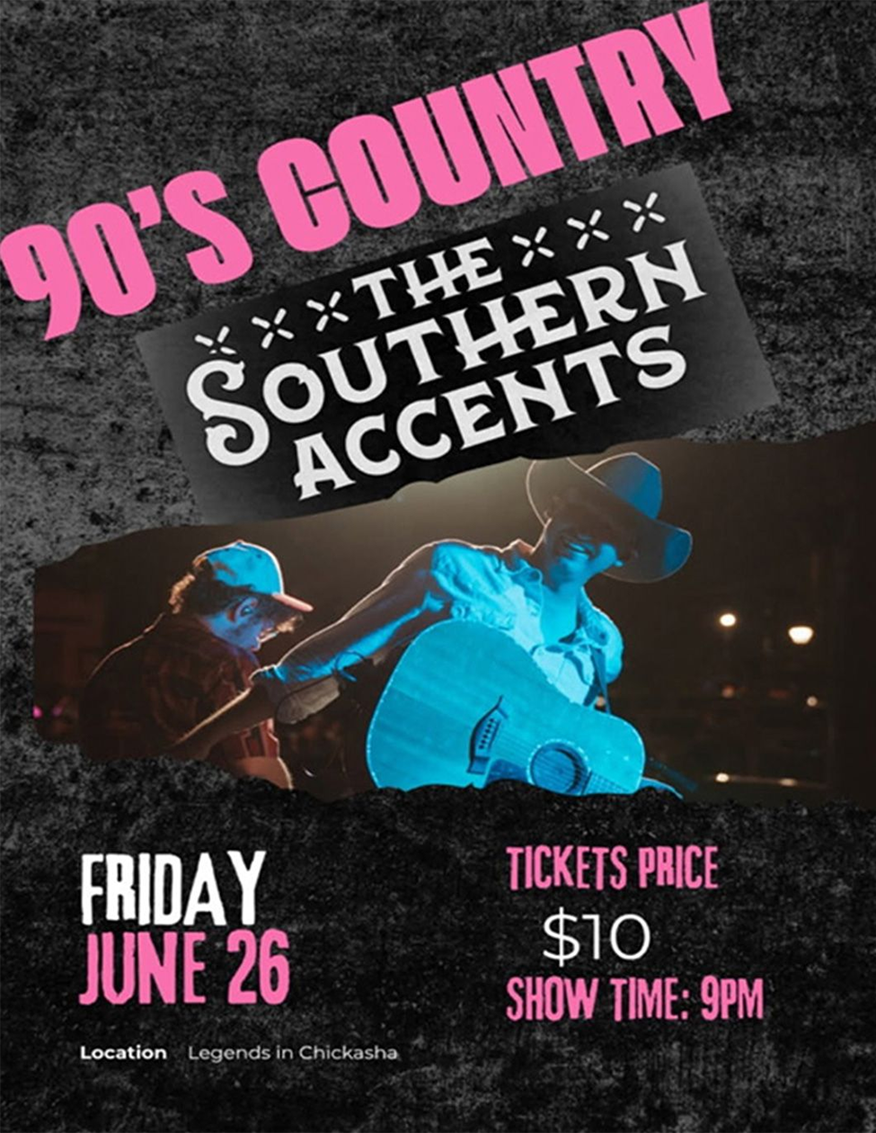 90s country concert flyer for The Southern Accents, Friday June 26, tickets $10, show time 9 PM