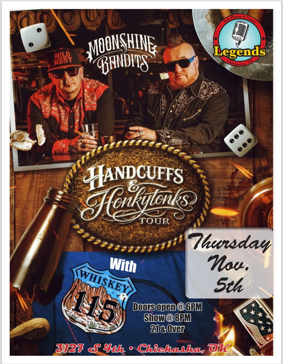Concert poster for Moonshine Bandits’ Handcuffs & Hottubs Tour, Thursday Nov. 5th, with whiskey and dice graphics