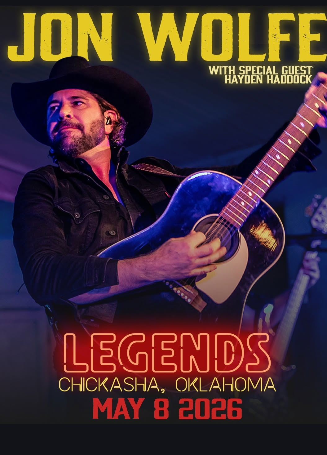 Jon Wolfe concert poster: Musician playing guitar, Chickasha, OK, May 8, 2026.