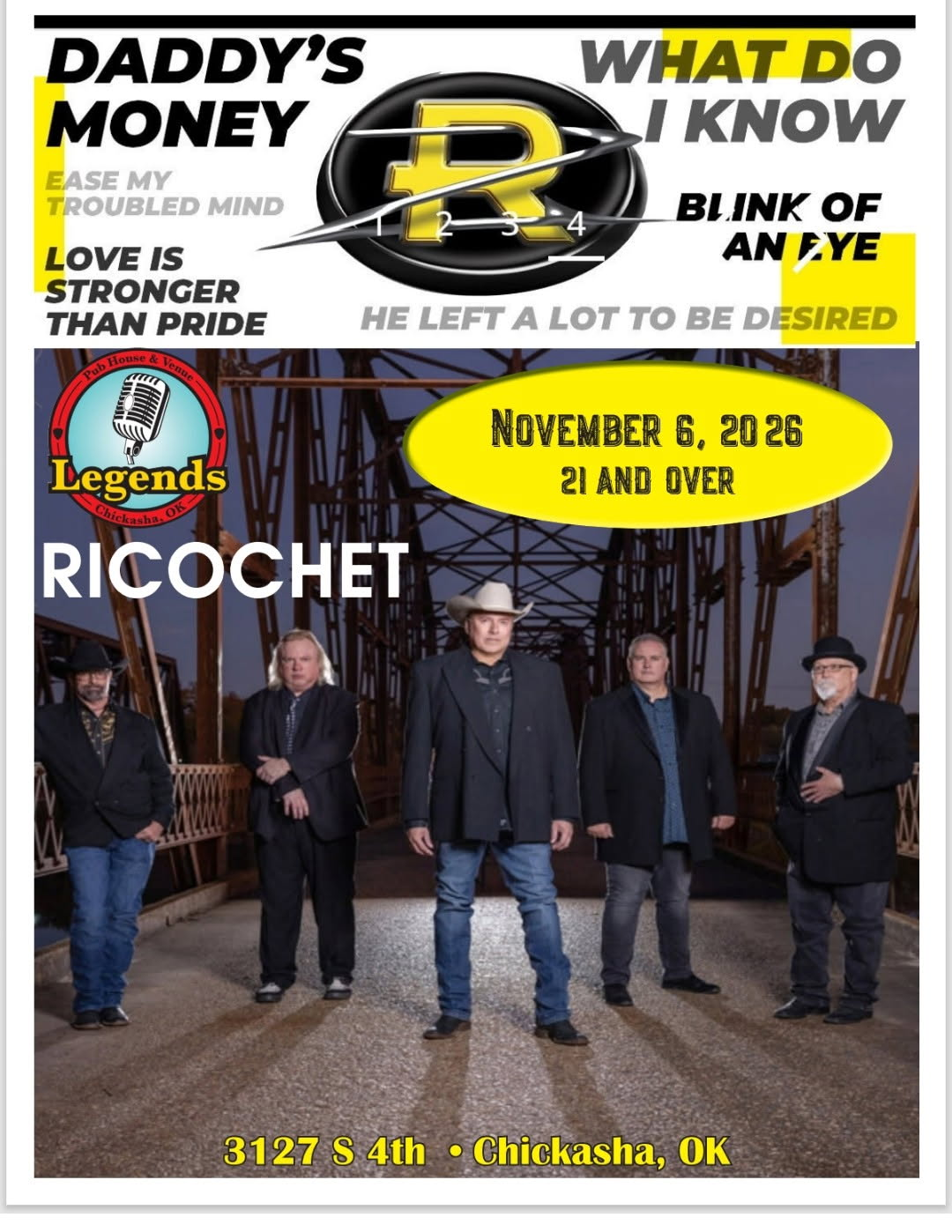 Concert poster for DADDY'S MONEY and Ricochet, with date, venue, and band members posed on stage.