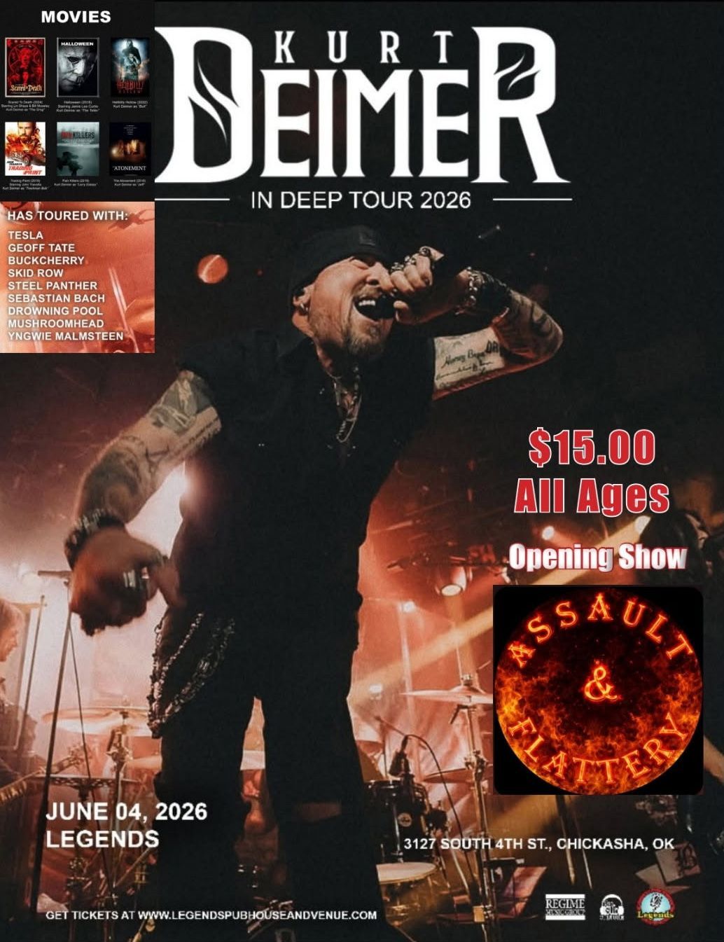 Kurt Deimer In Deep Tour 2026 concert poster with stage performance, $15 all ages, June 04 at Legends.