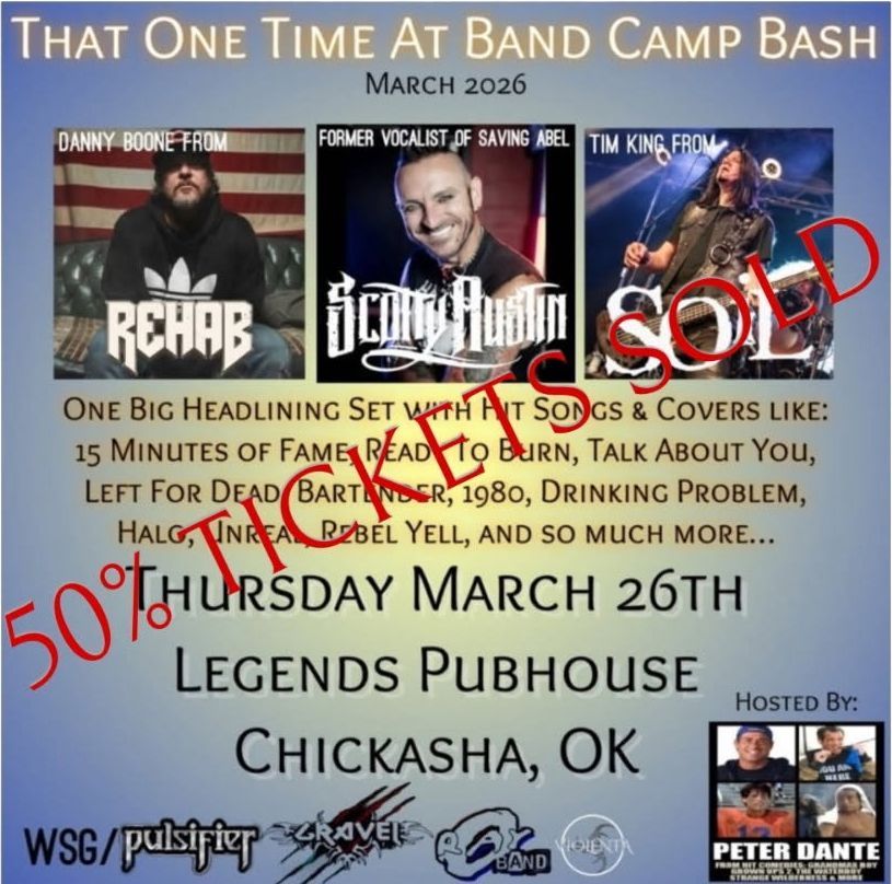 Concert poster: Rehab, Richie Austin, and Soil performing at Legends Pubhouse in Chickasha, OK, on March 26, 2026.