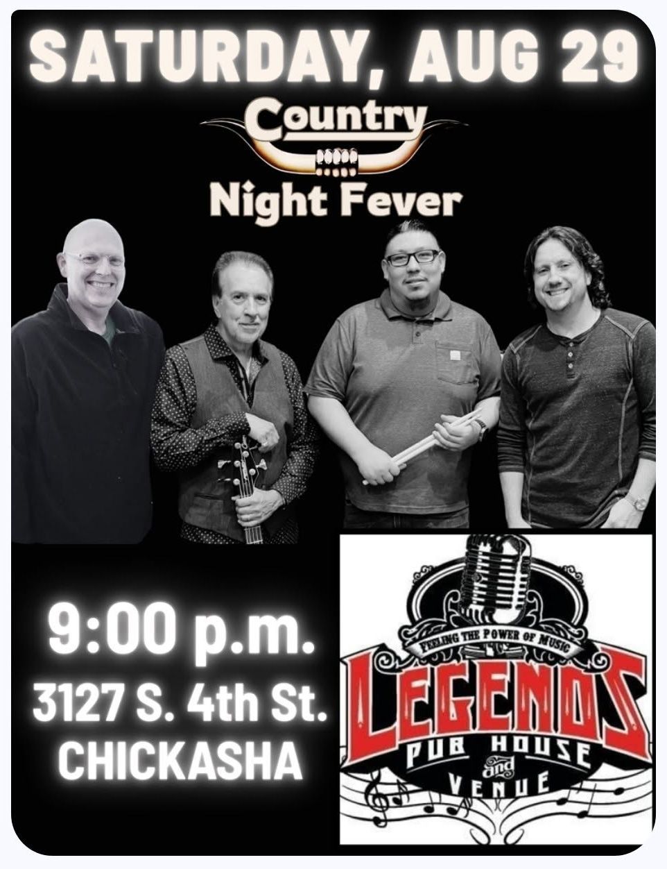 Country Night Fever poster for Saturday, Aug 29 at Legends Pub House, 9 pm