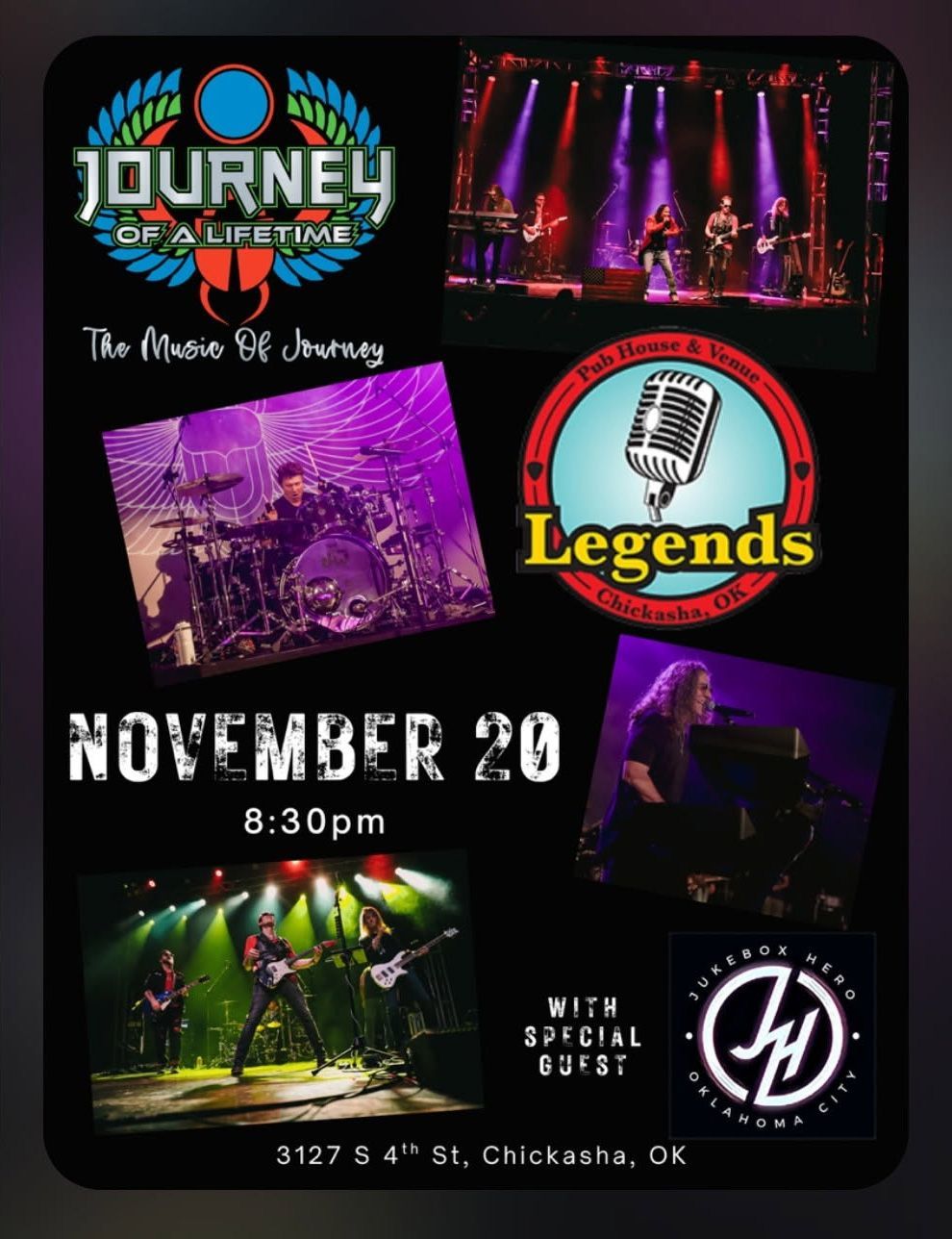 Music event poster for Journey and Legends, November 20 at 8:30pm, with concert stage photos and date details