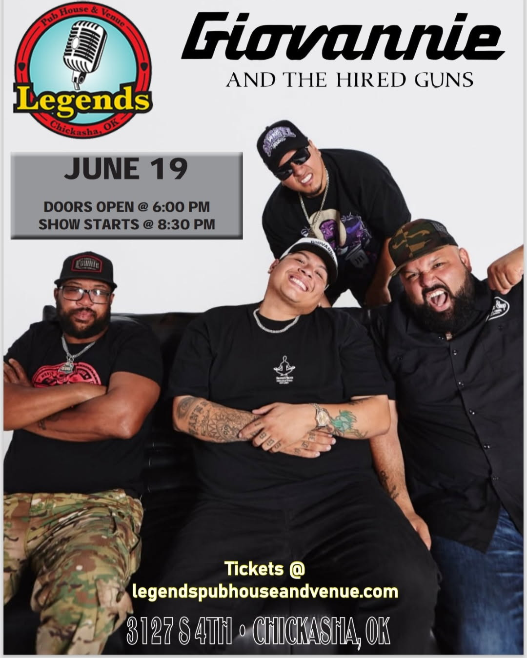 A concert flyer for Giovannie and the Hired Guns at Legends Pub House in Chickasha, OK on June 19.