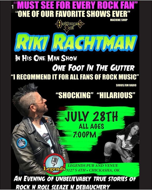 Poster for Riki Rachtman’s one-man show, with bold neon text and a July 28th date at 7:00 PM.