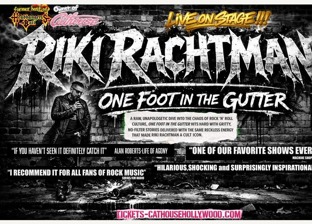 Event poster for Riki Rachtman’s show One Foot in the Gutter featuring the performer in a gritty, dark brick setting.