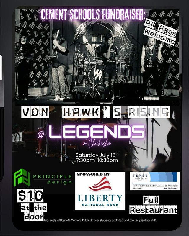Cement Schools fundraiser poster for Von Hawk Is Rising: Legends, with band photo and sponsor logos.