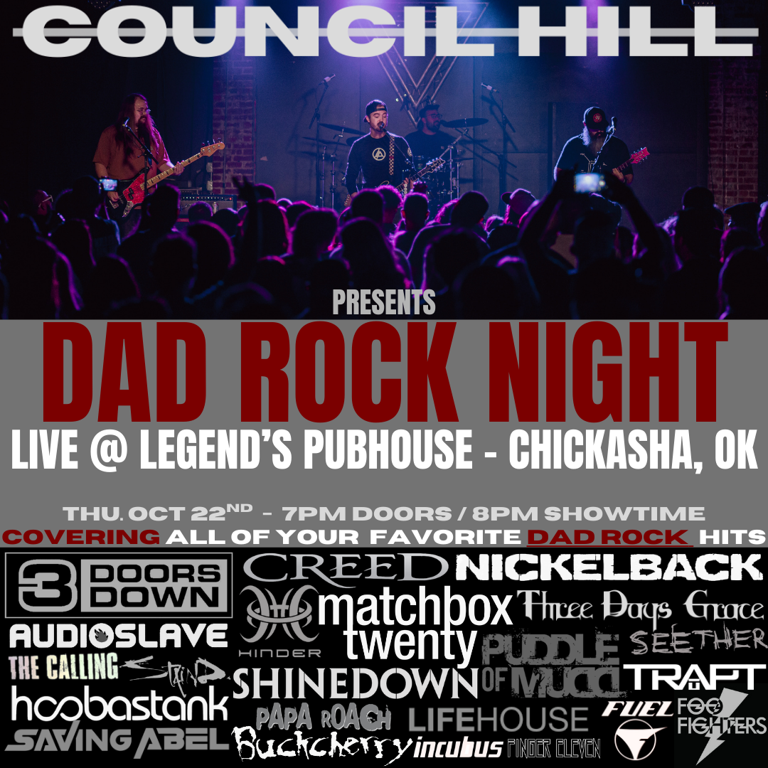 A band performs on stage for a Dad Rock Night concert at Legend’s Pubhouse in Chickasha, OK, on Thursday, October 22nd.