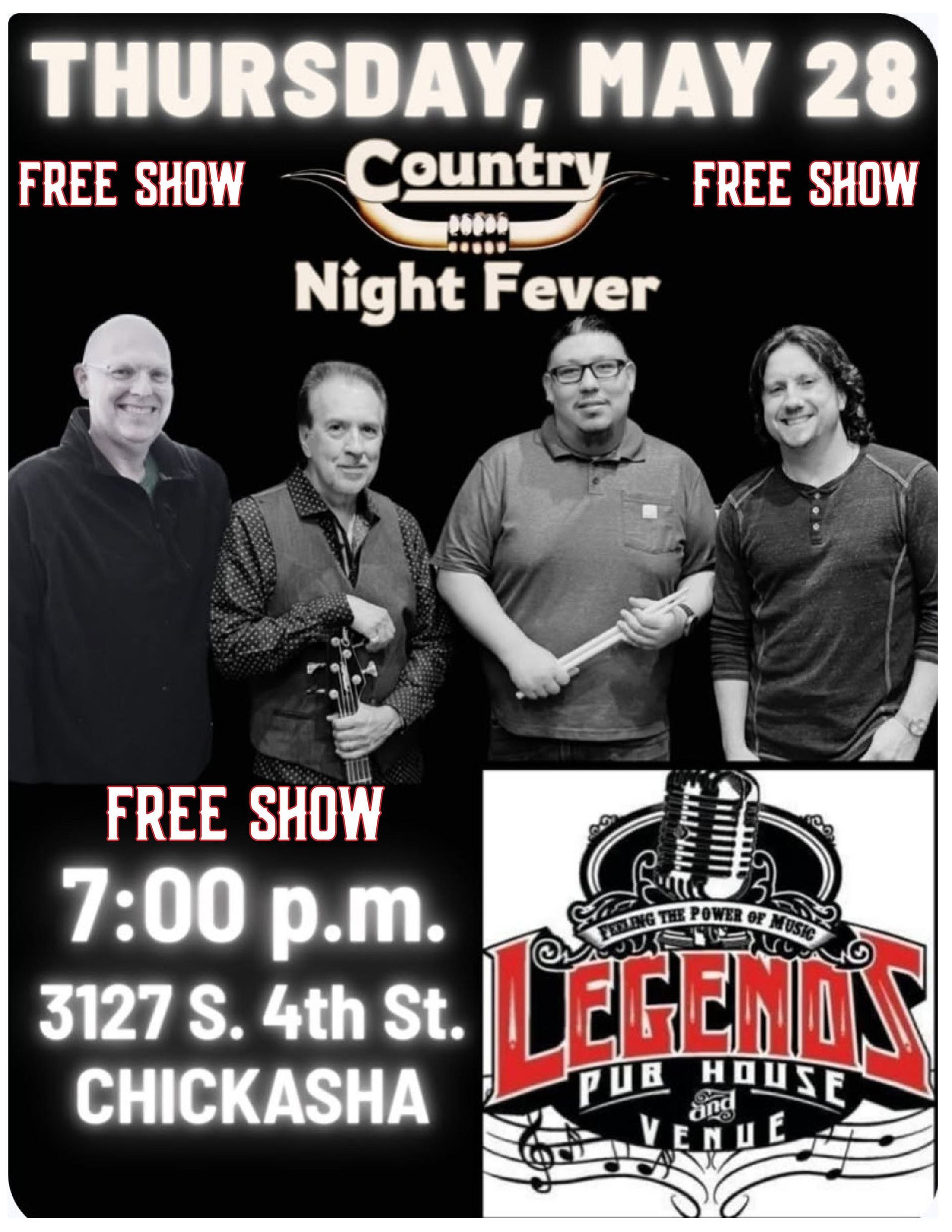 Event flyer for Country Night Fever, a free show on Thursday, May 28, at 7 p.m. at Legends Pub House in Chickasha.