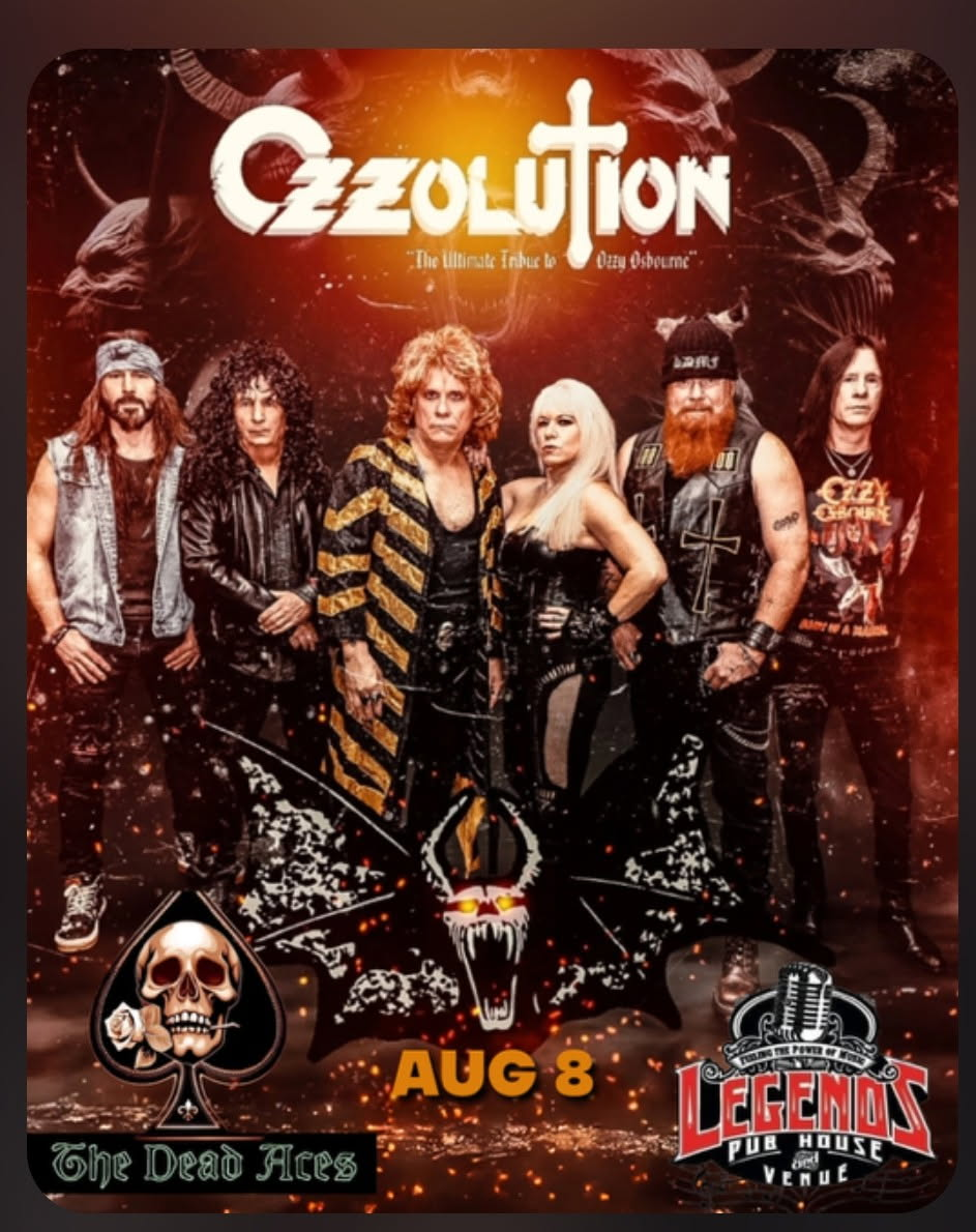 Concert poster for Ozzolution at Legends Pub House on August 8, featuring a six-person band and a gothic bat illustration.