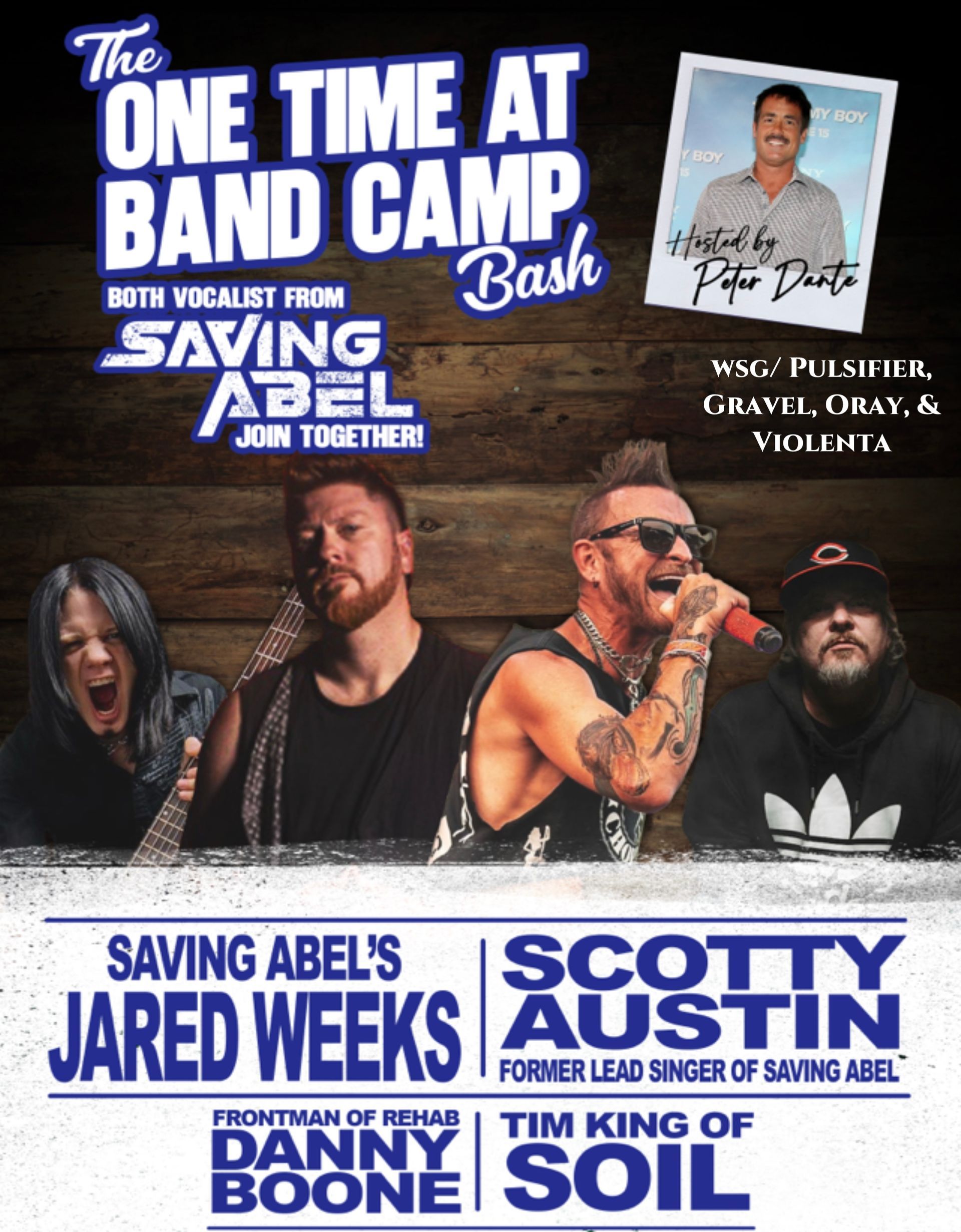 Event poster for The One Time at Band Camp Bash featuring Jared Weeks, Scotty Austin, Danny Boone, and Tim King.