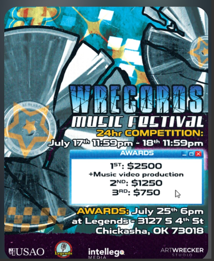Flyer for Wrecords World Celebration 24hr Competition with awards, dates, times, and event details on a blue design